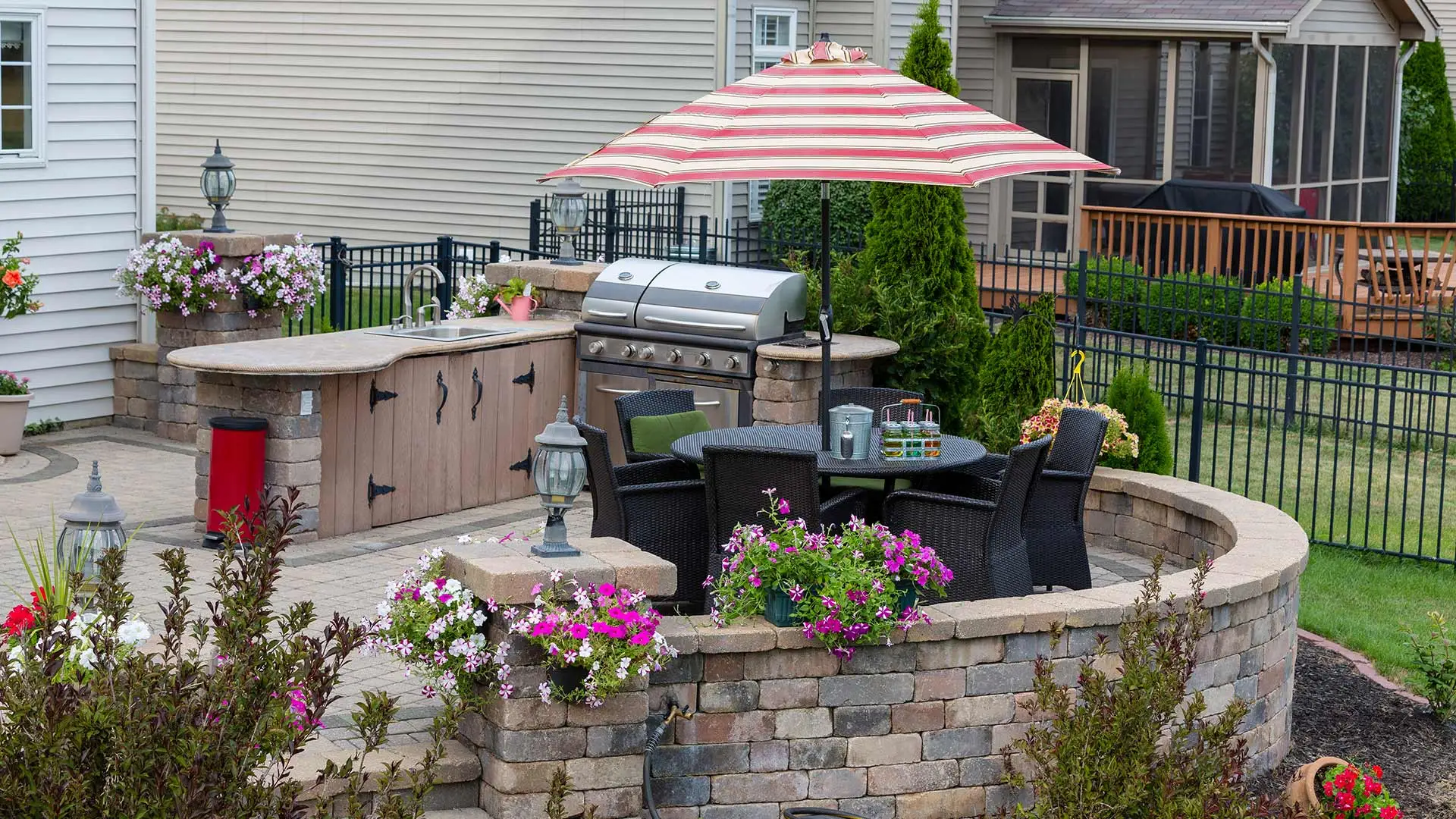 Outdoor kitchen living area installed in Bondurant, IA.