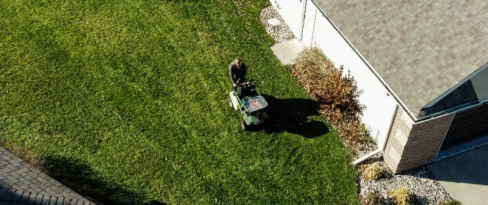 Professional applying a fertilizer treatment on a lawn in Ankeny, IA.