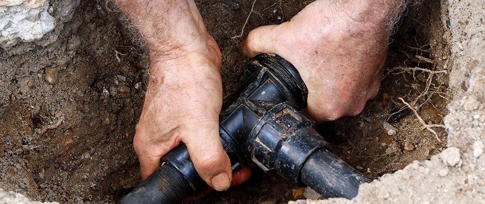 Technician repairing an irrigation system in Ankeny, IA.