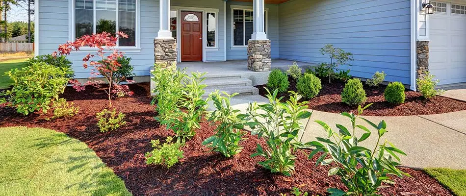 Landscape bed with fresh mulch installation near Elkhart, IA.