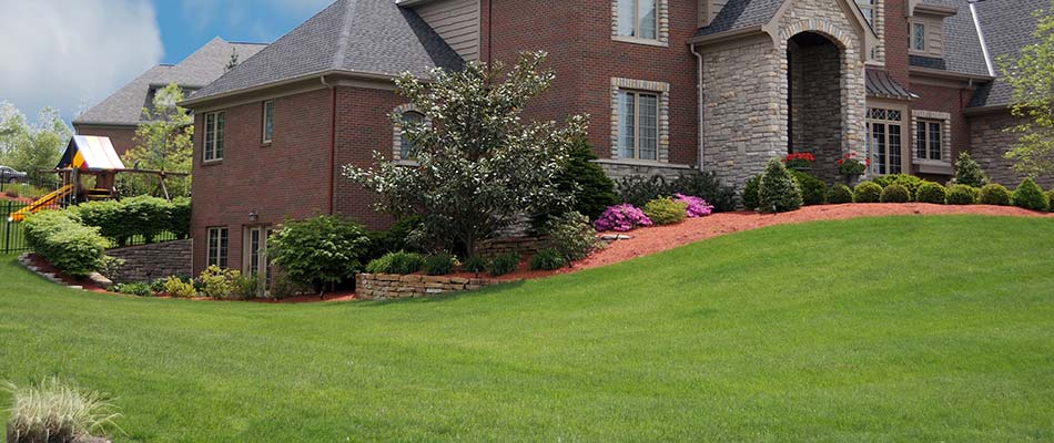 Landscape bed with trimmed bushes and shrubs around a home in Urbandale, IA.