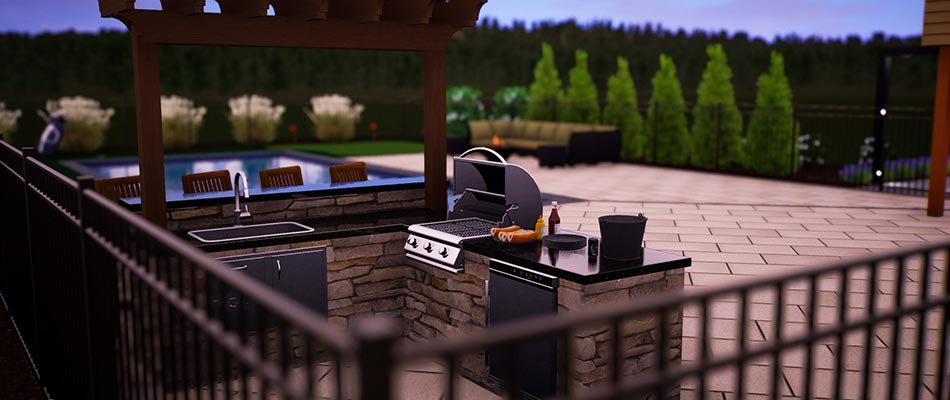 Outdoor kitchen 3D hardscape design for a home in Polk City, IA.