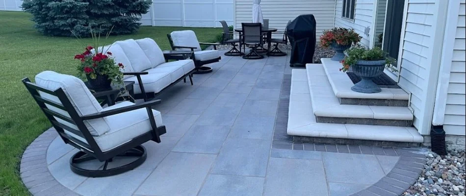 Patio area with chairs and steps in Coralville, IA.
