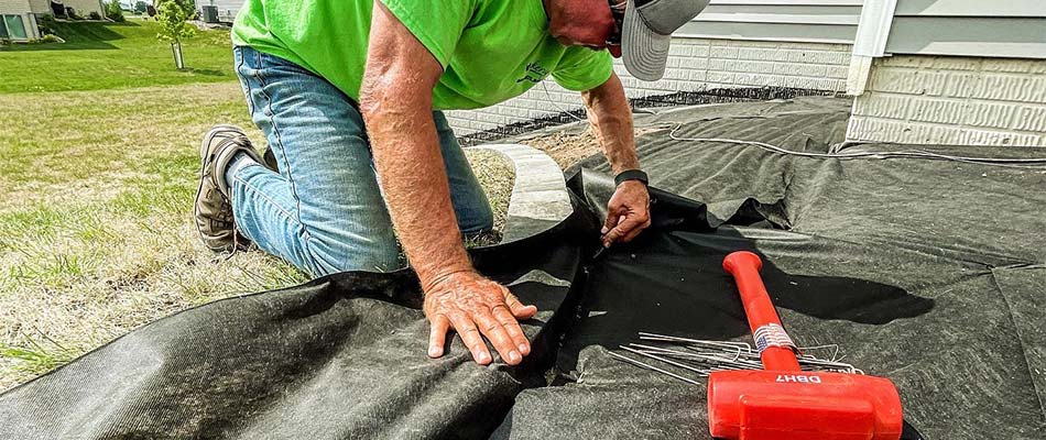 Patio installation technician constructing a custom patio in Ankeny, IA.