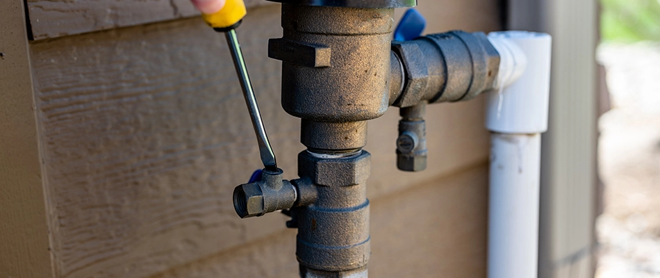 Technician performing a start-up service for an irrigation system in West Des Moines, IA.