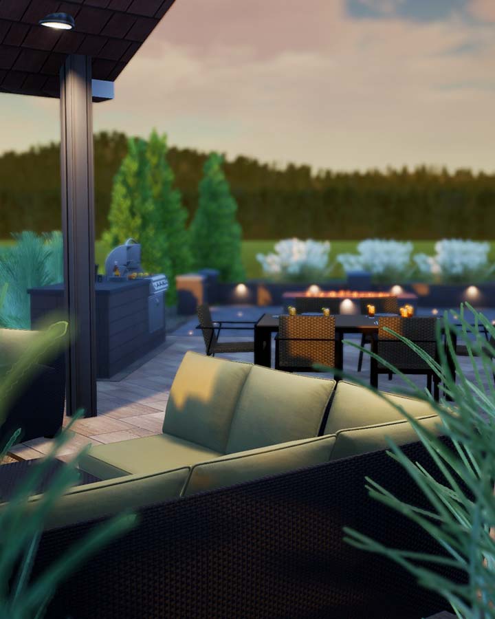 Outdoor living area with patio in 3D rendering for Saylorville, IA.